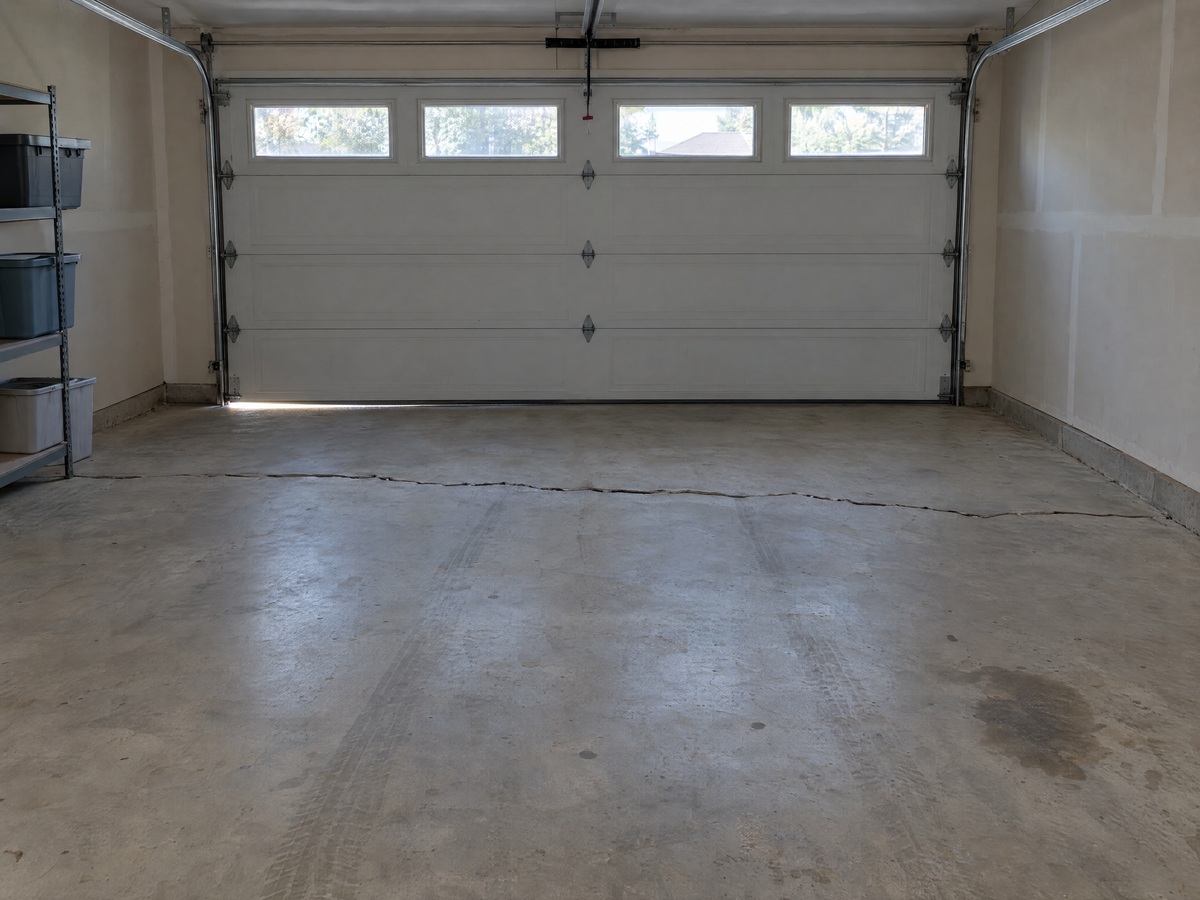 Empty two-car garage with a crack across the concrete floor and a sliver of daylight under one side of the closed door