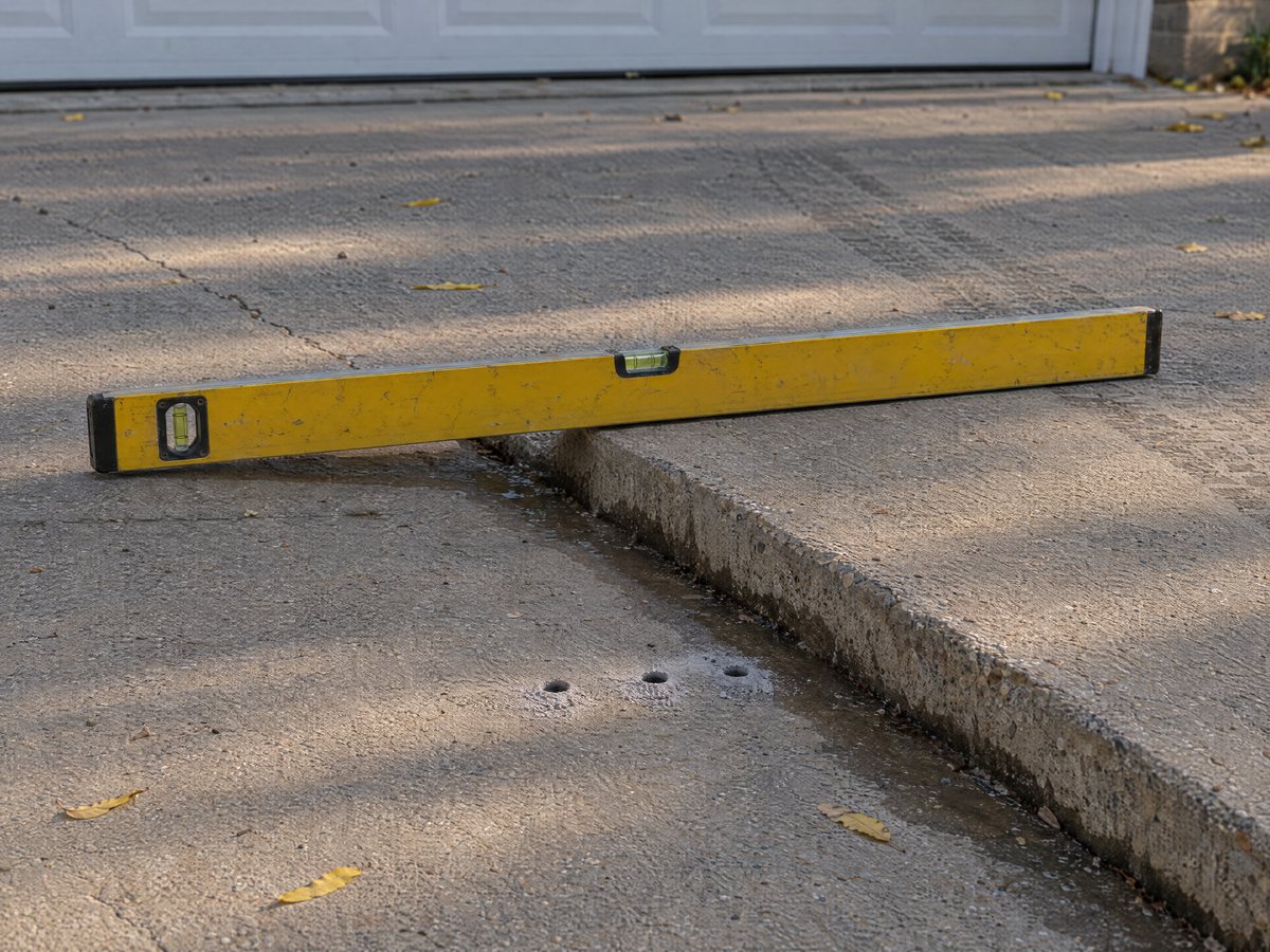 Yellow 4-foot level laid across a driveway joint, a gap under one end where the slab sank, three drilled holes beside it
