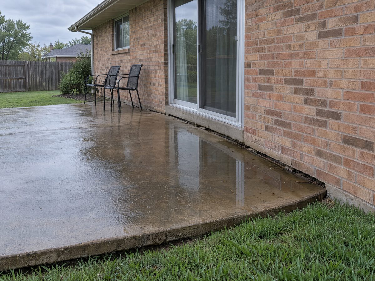 Wet backyard patio slab tipped toward a brick ranch house, with a gap along the foundation and water by the patio door