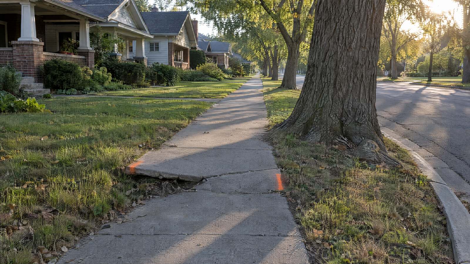 Sidewalk beside an old elm, one panel heaved by roots and the next sunk, both raised edges marked in orange paint