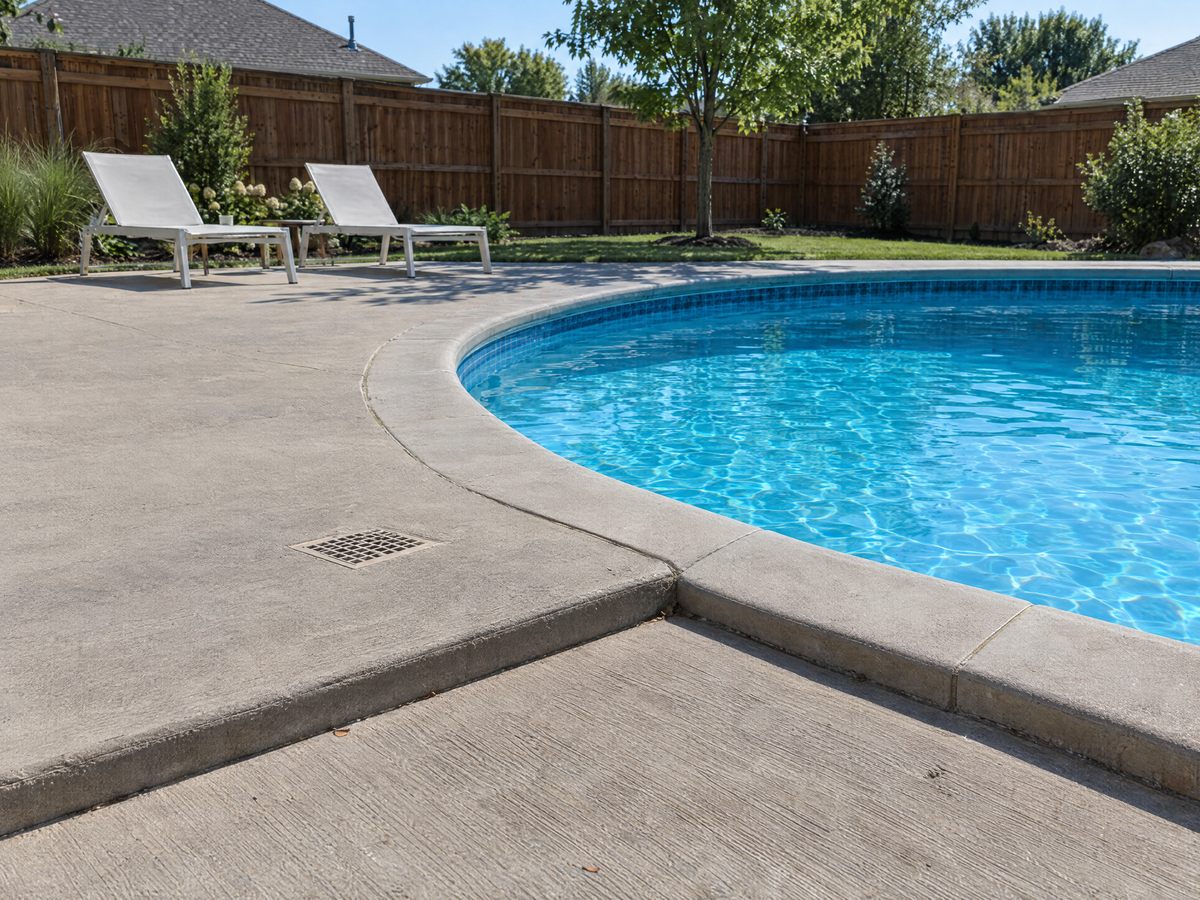 Pool deck slab sunk below the coping and the next section, leaving a raised edge a few steps from the water