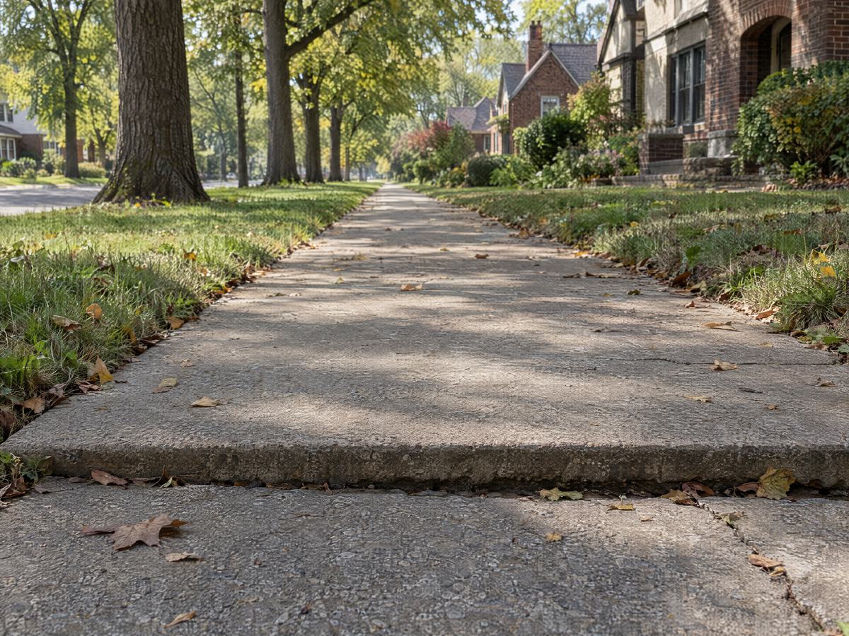 Old concrete sidewalk where one panel has sunk below the next, leaving a raised trip edge, on a street of brick homes