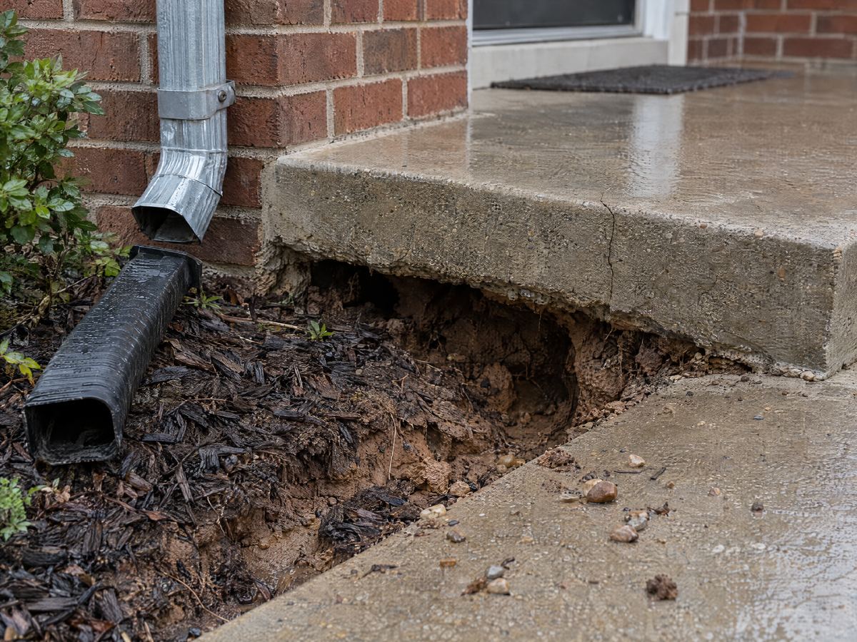 Concrete stoop over a hollow where rain washed the soil out, a disconnected downspout extension lying in the mulch
